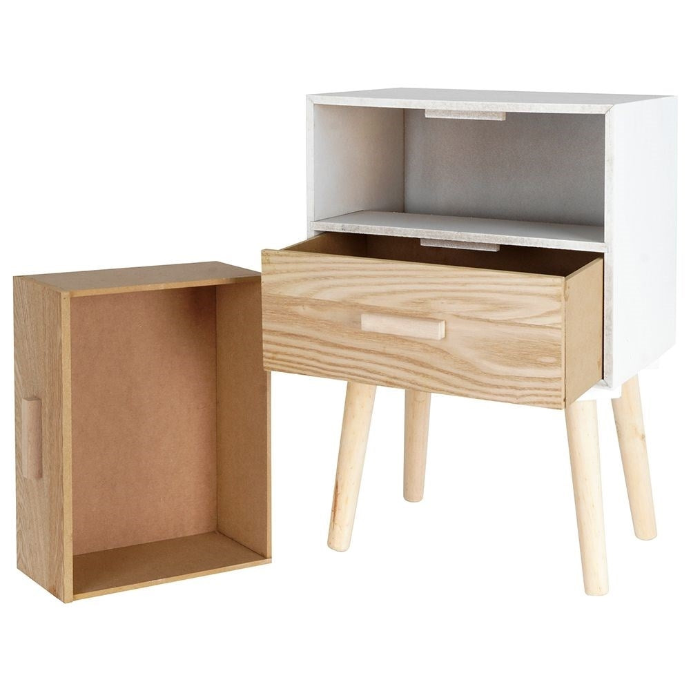 Elegant white dresser with beige drawers and legs, MDF board