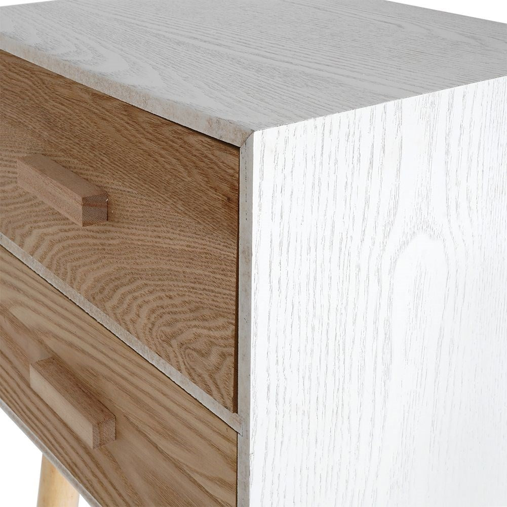 Elegant white dresser with beige drawers and legs, MDF board