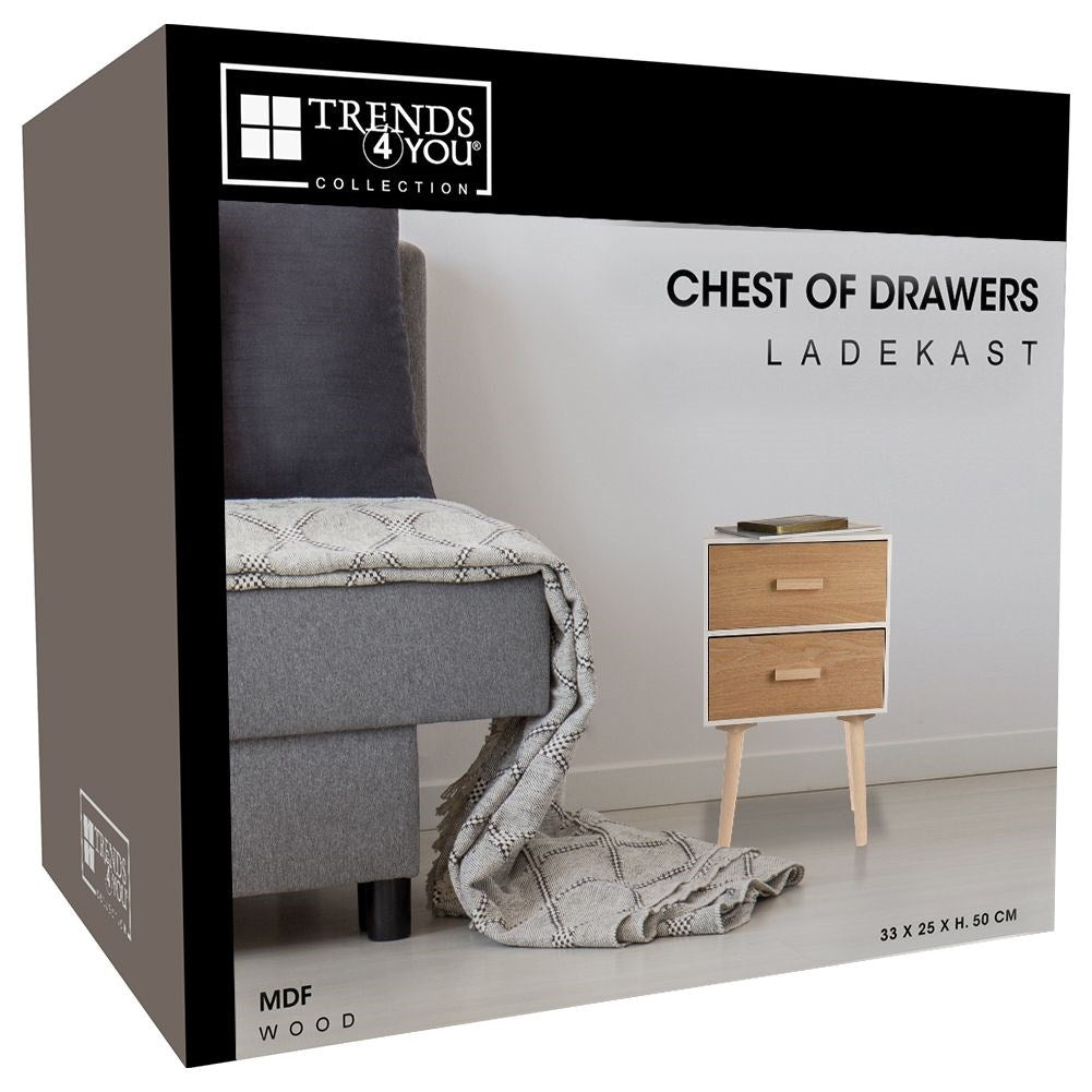 Elegant white dresser with beige drawers and legs, MDF board