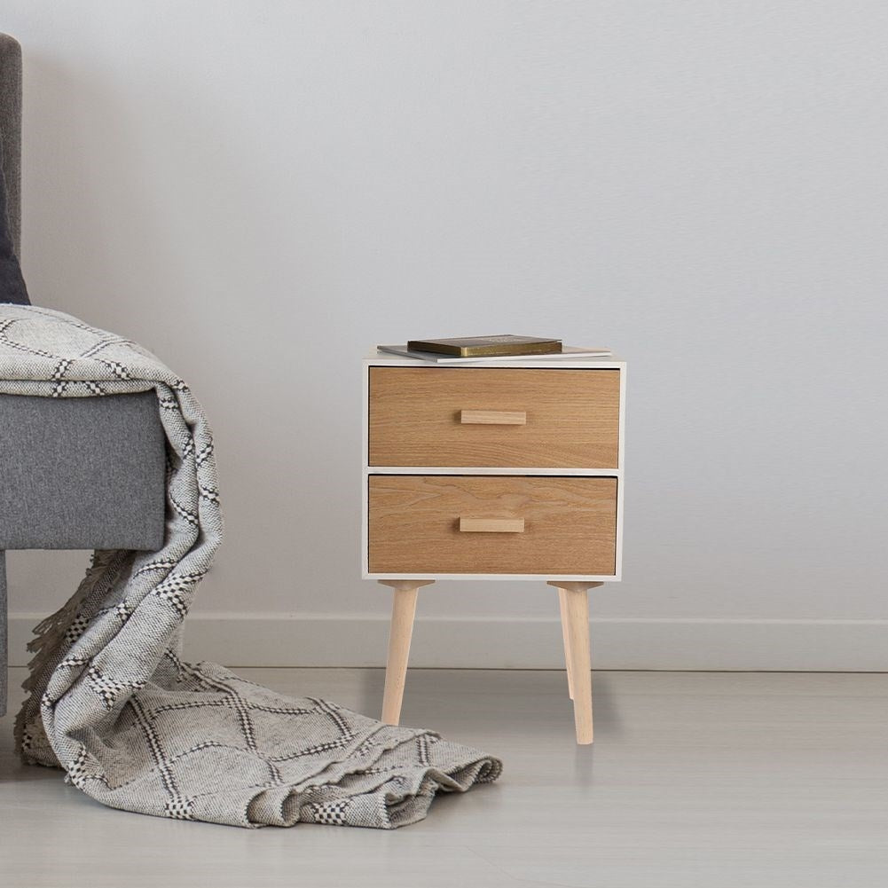 Elegant white dresser with beige drawers and legs, MDF board