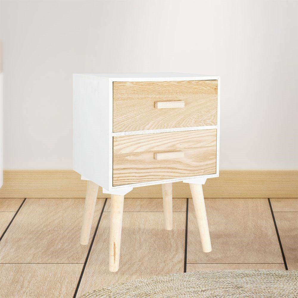 Elegant white dresser with beige drawers and legs, MDF board