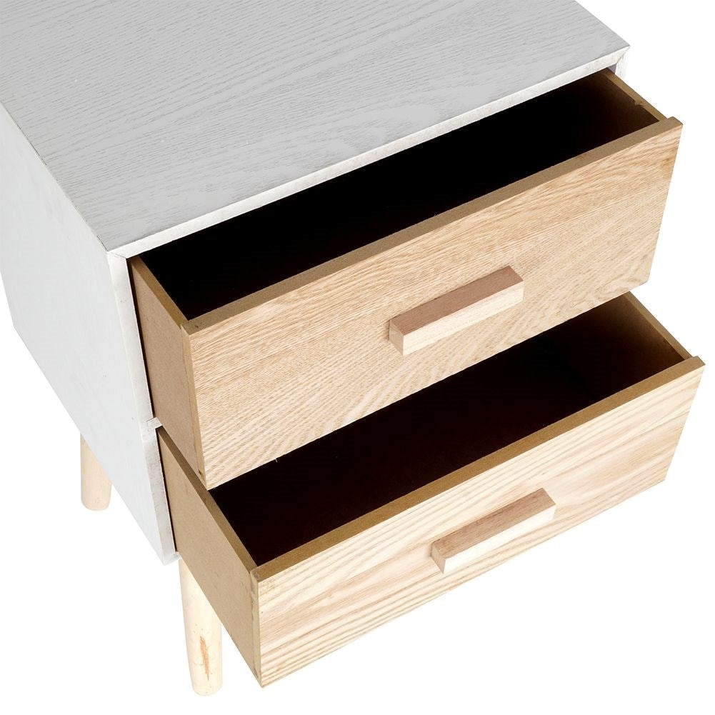 Elegant white dresser with beige drawers and legs, MDF board