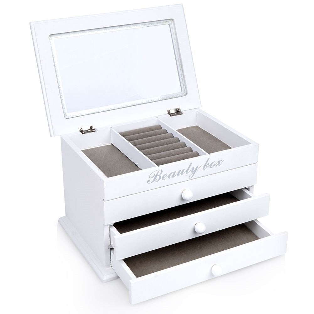 Elegant white jewelry box with glass lid and three drawers