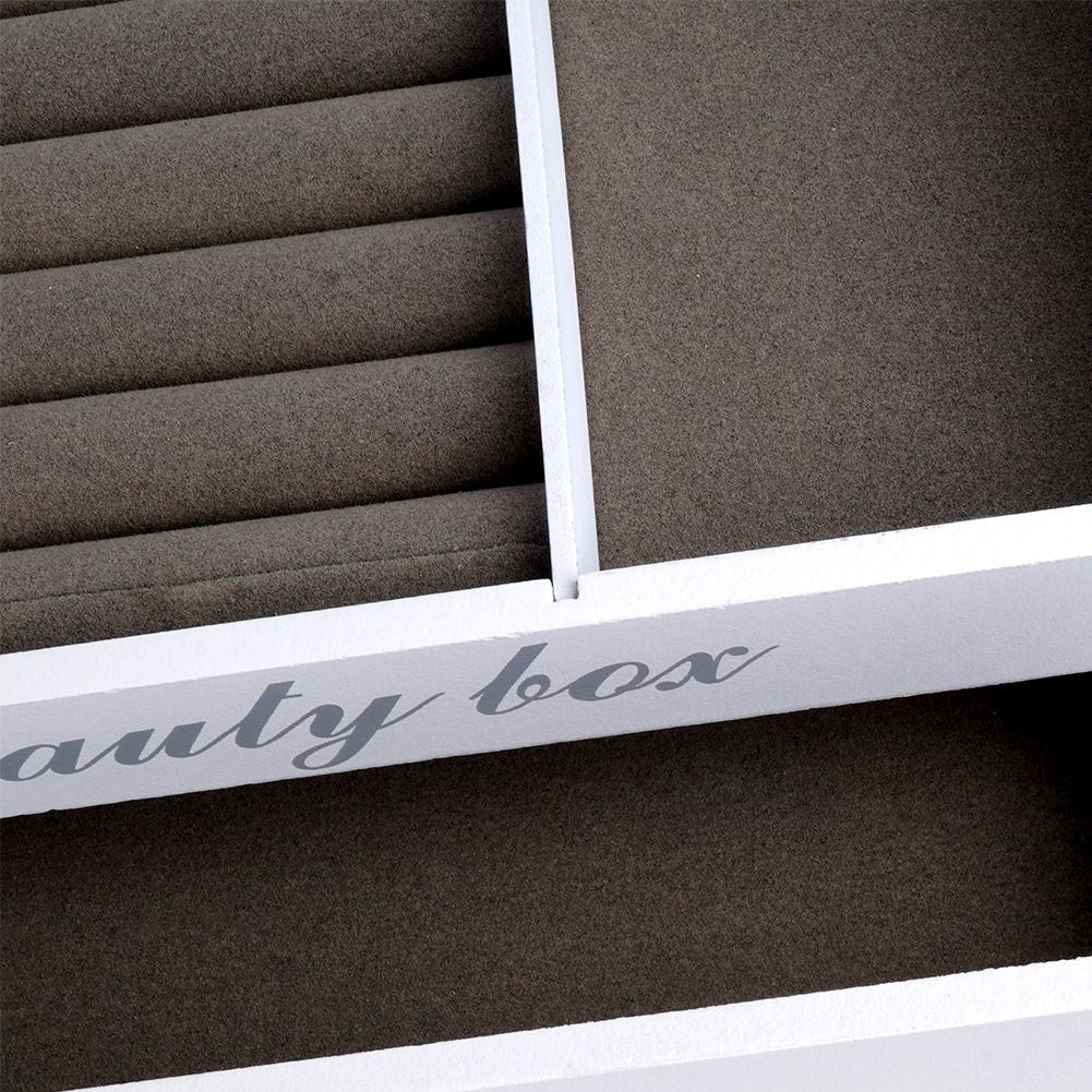 Elegant white jewelry box with glass lid and three drawers