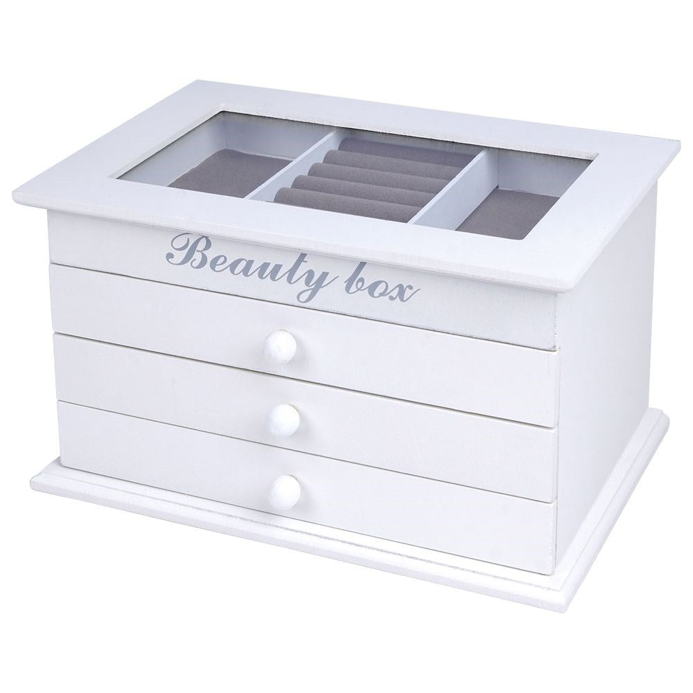Elegant white jewelry box with glass lid and three drawers