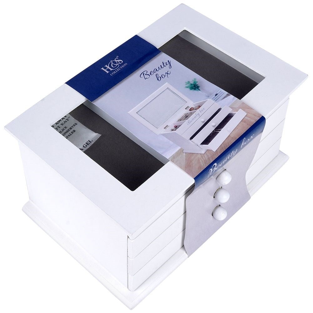 Elegant white jewelry box with glass lid and three drawers