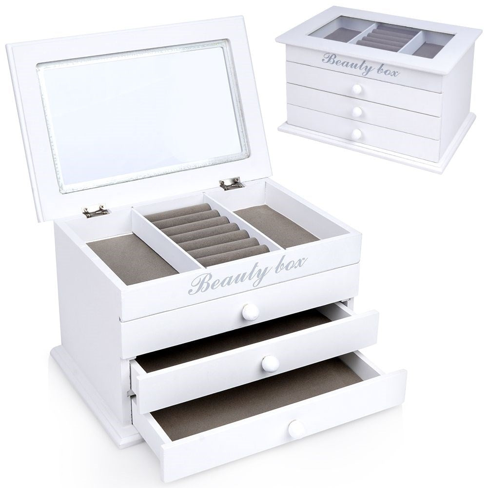 Elegant white jewelry box with glass lid and three drawers