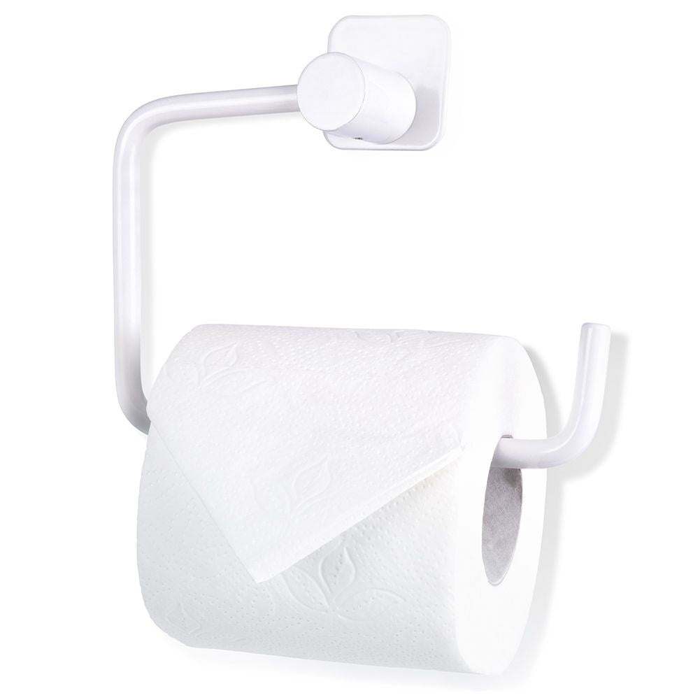 Elegant white metal toilet paper holder with mounting details