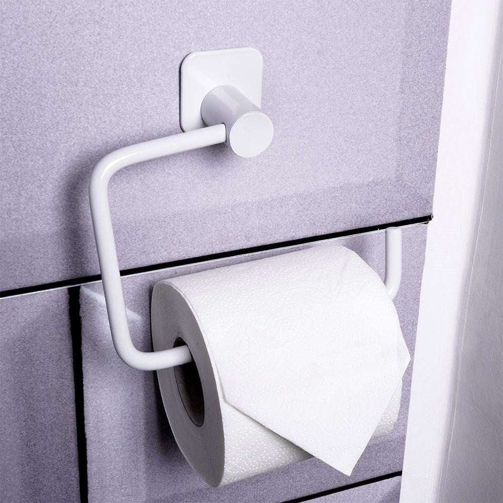 Elegant white metal toilet paper holder with mounting details