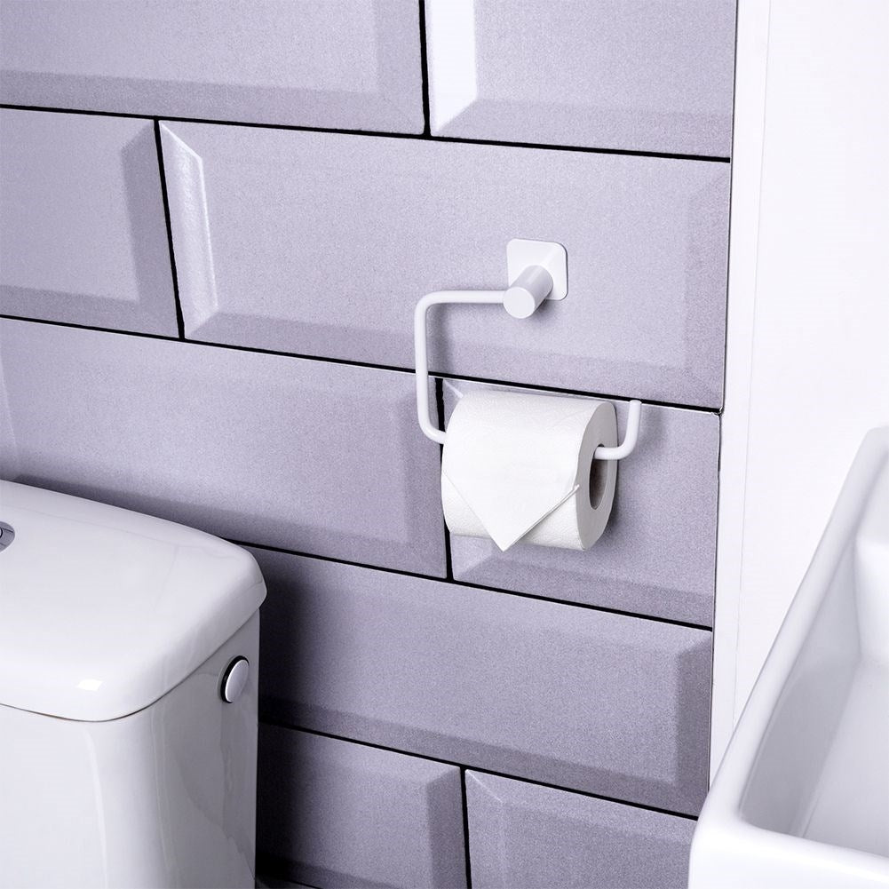 Elegant white metal toilet paper holder with mounting details