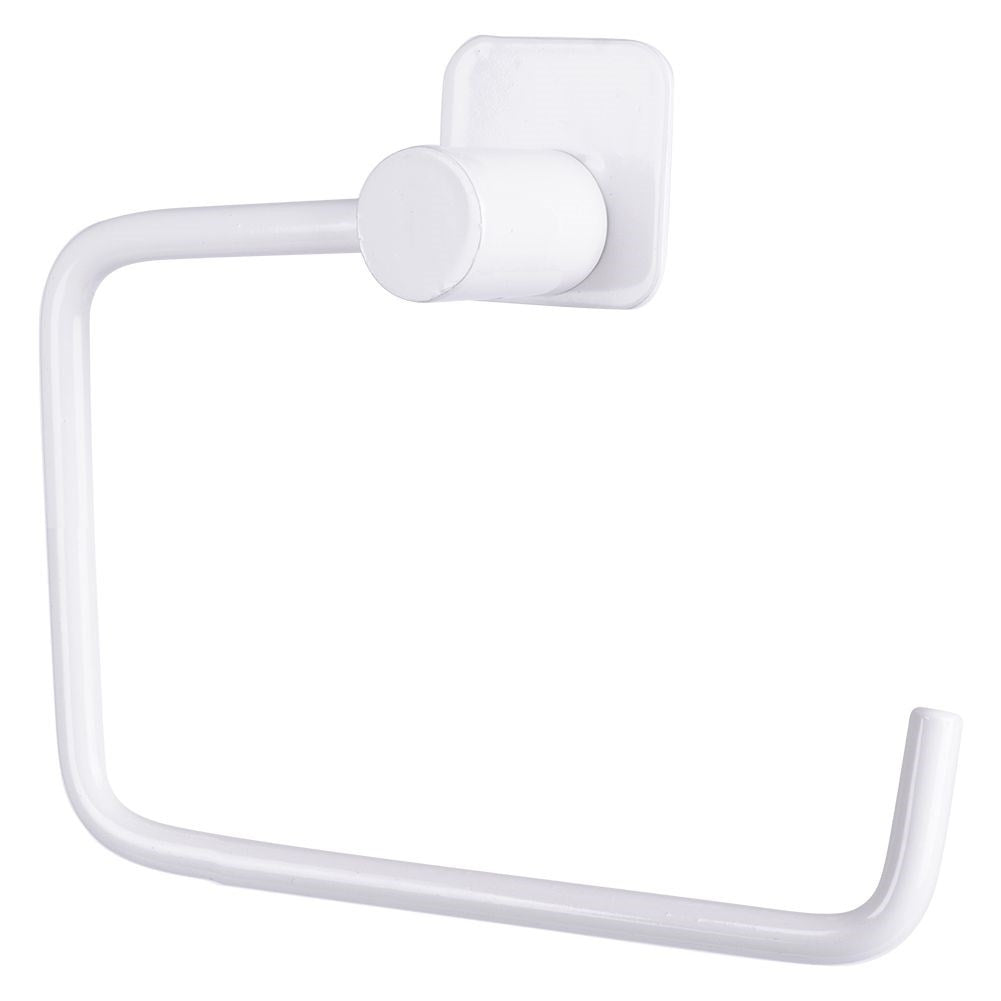 Elegant white metal toilet paper holder with mounting details