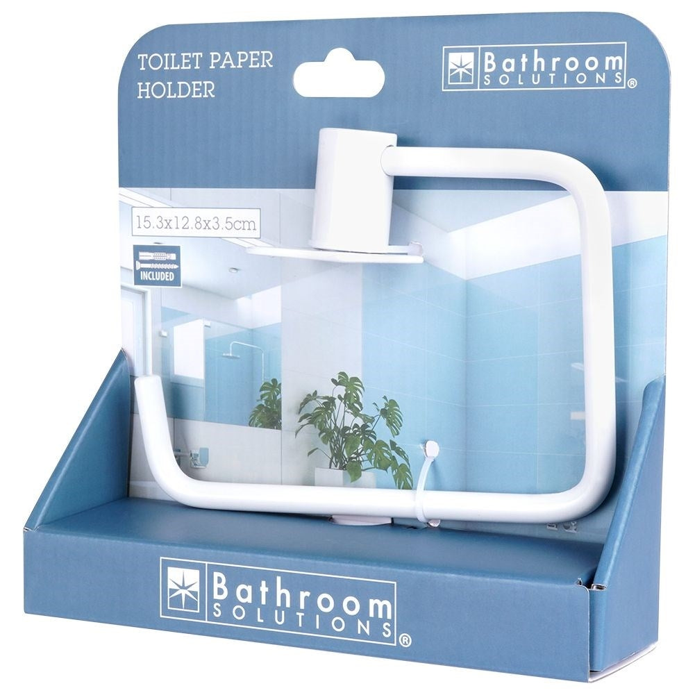 Elegant white metal toilet paper holder with mounting details