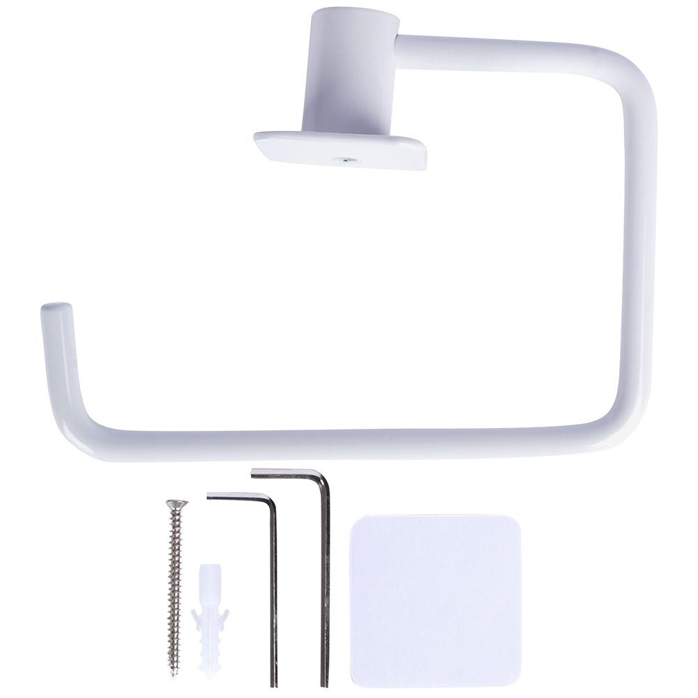 Elegant white metal toilet paper holder with mounting details