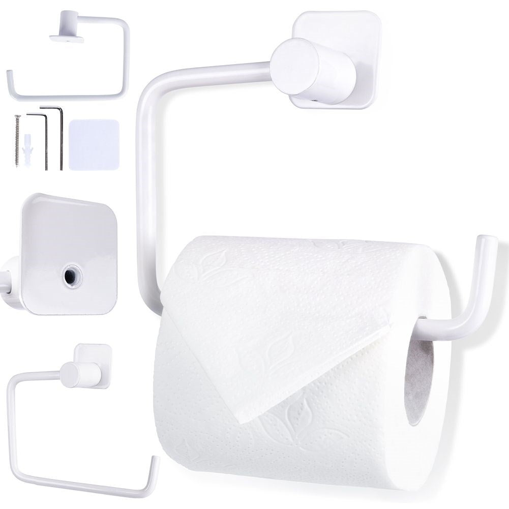 Elegant white metal toilet paper holder with mounting details