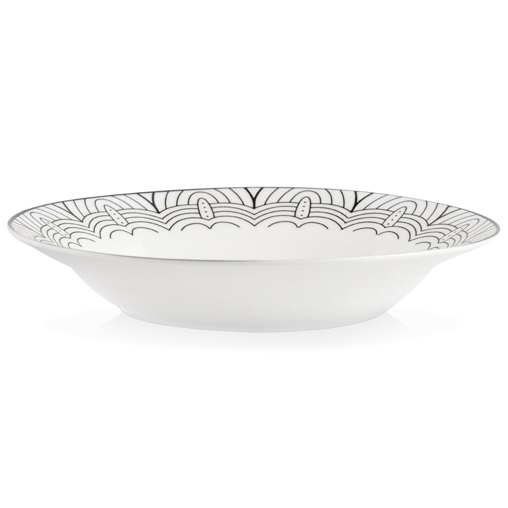 Elegant white porcelain tableware with black decor, dishwasher safe