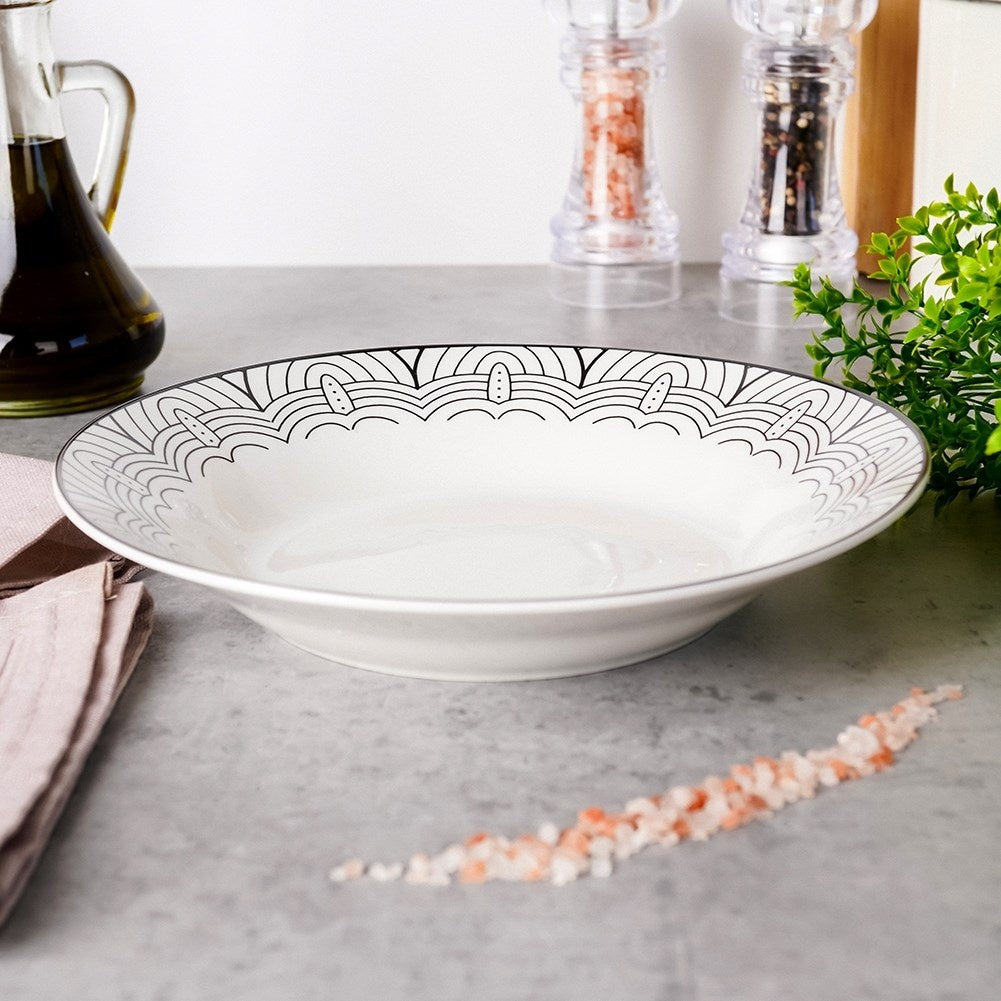 Elegant white porcelain tableware with black decor, dishwasher safe