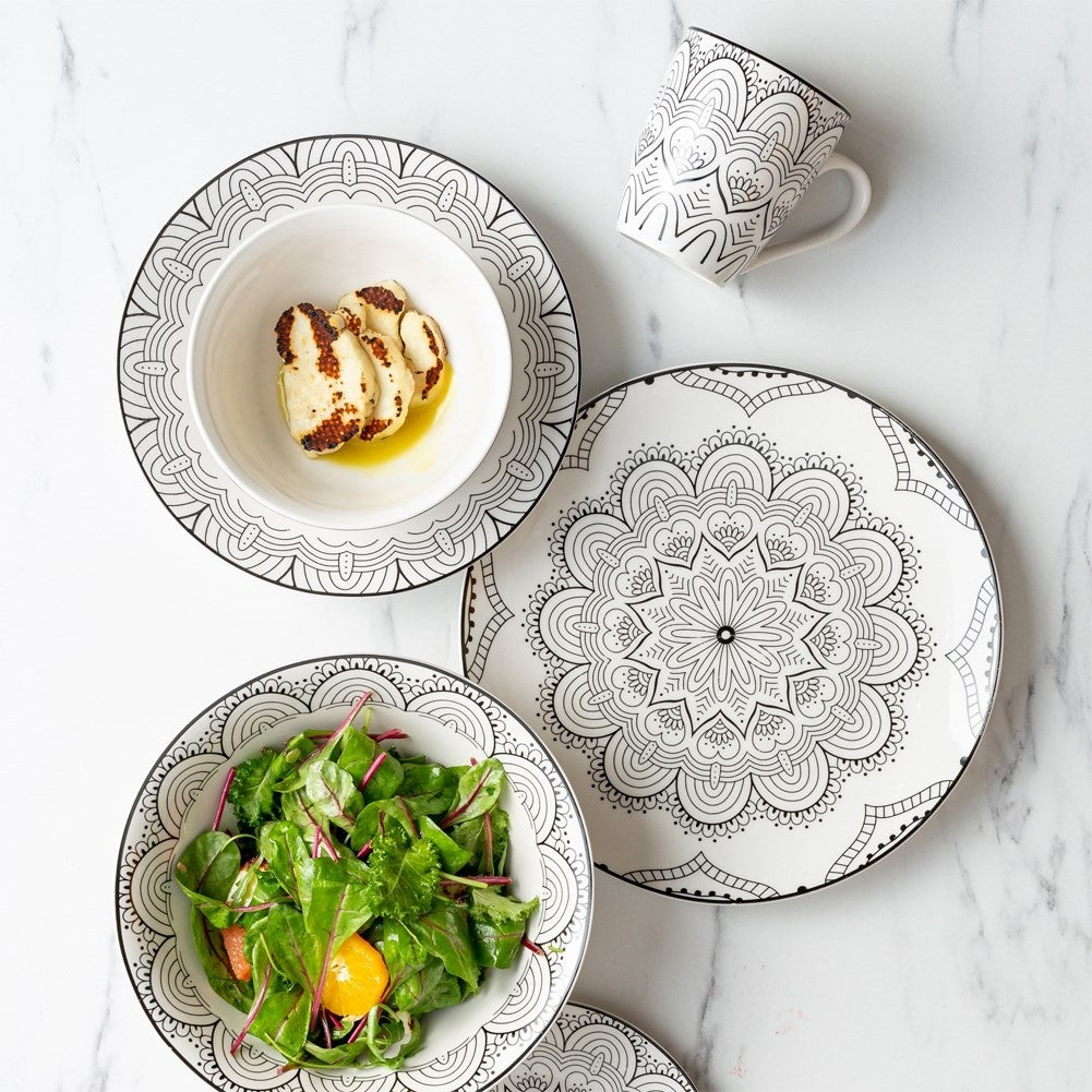 Elegant white porcelain tableware with black decor, dishwasher safe