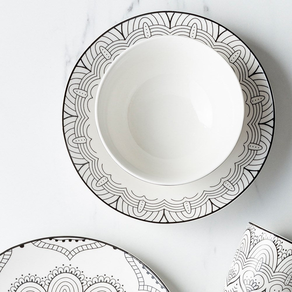 Elegant white porcelain tableware with black decor, dishwasher safe