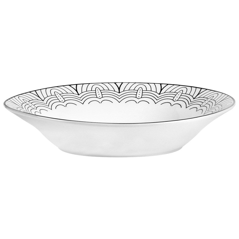 Elegant white porcelain tableware with black decor, dishwasher safe