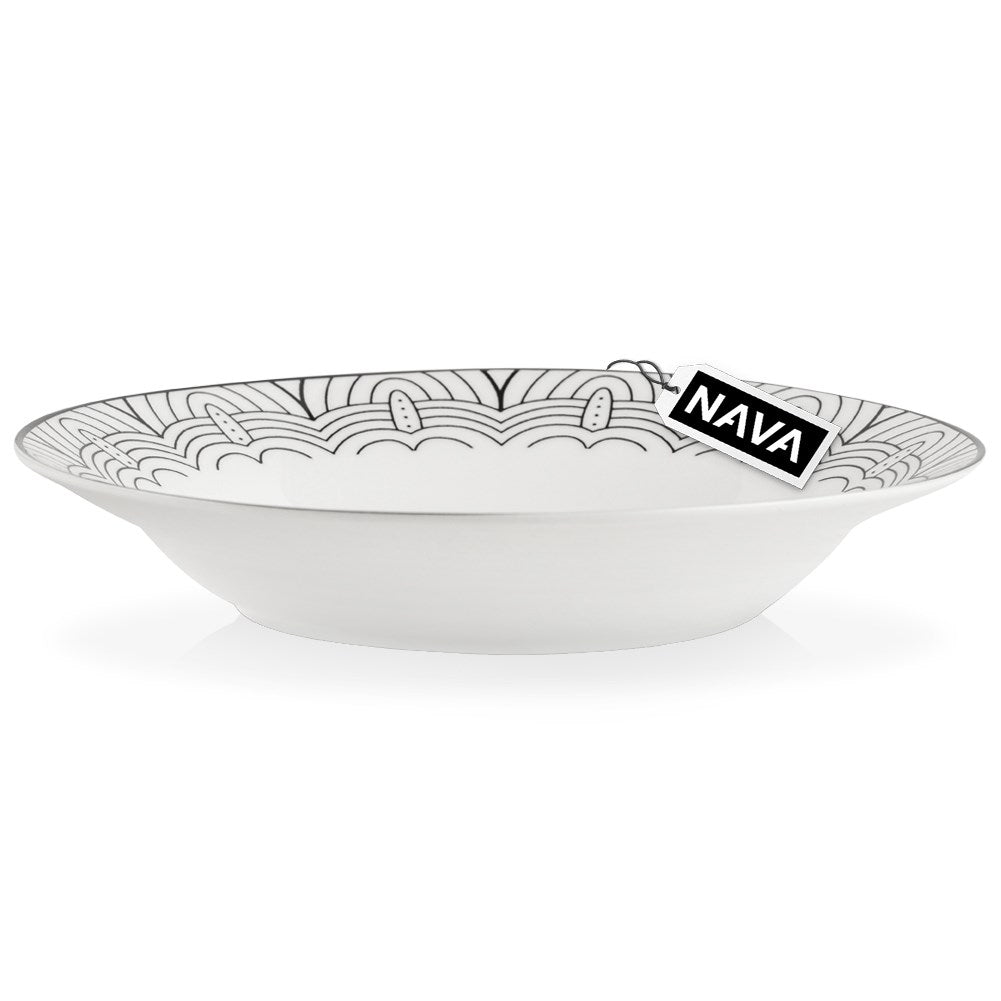 Elegant white porcelain tableware with black decor, dishwasher safe
