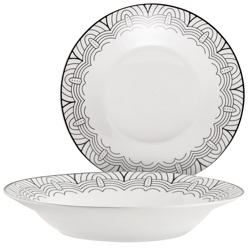 Elegant white porcelain tableware with black decor, dishwasher safe