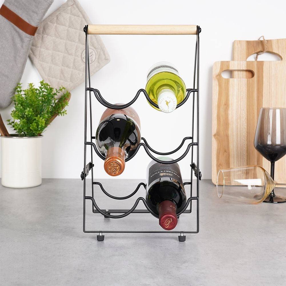 Elegant wine bottle rack in black metal and wood