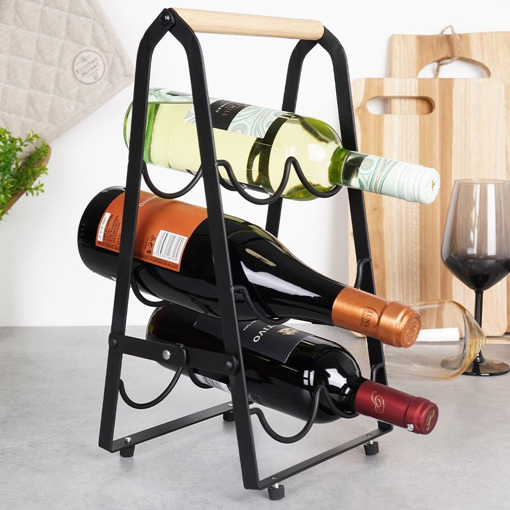 Elegant wine bottle rack in black metal and wood