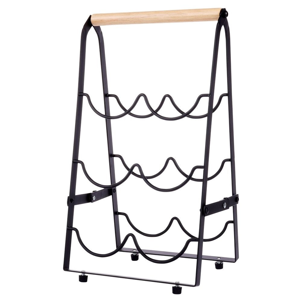 Elegant wine bottle rack in black metal and wood