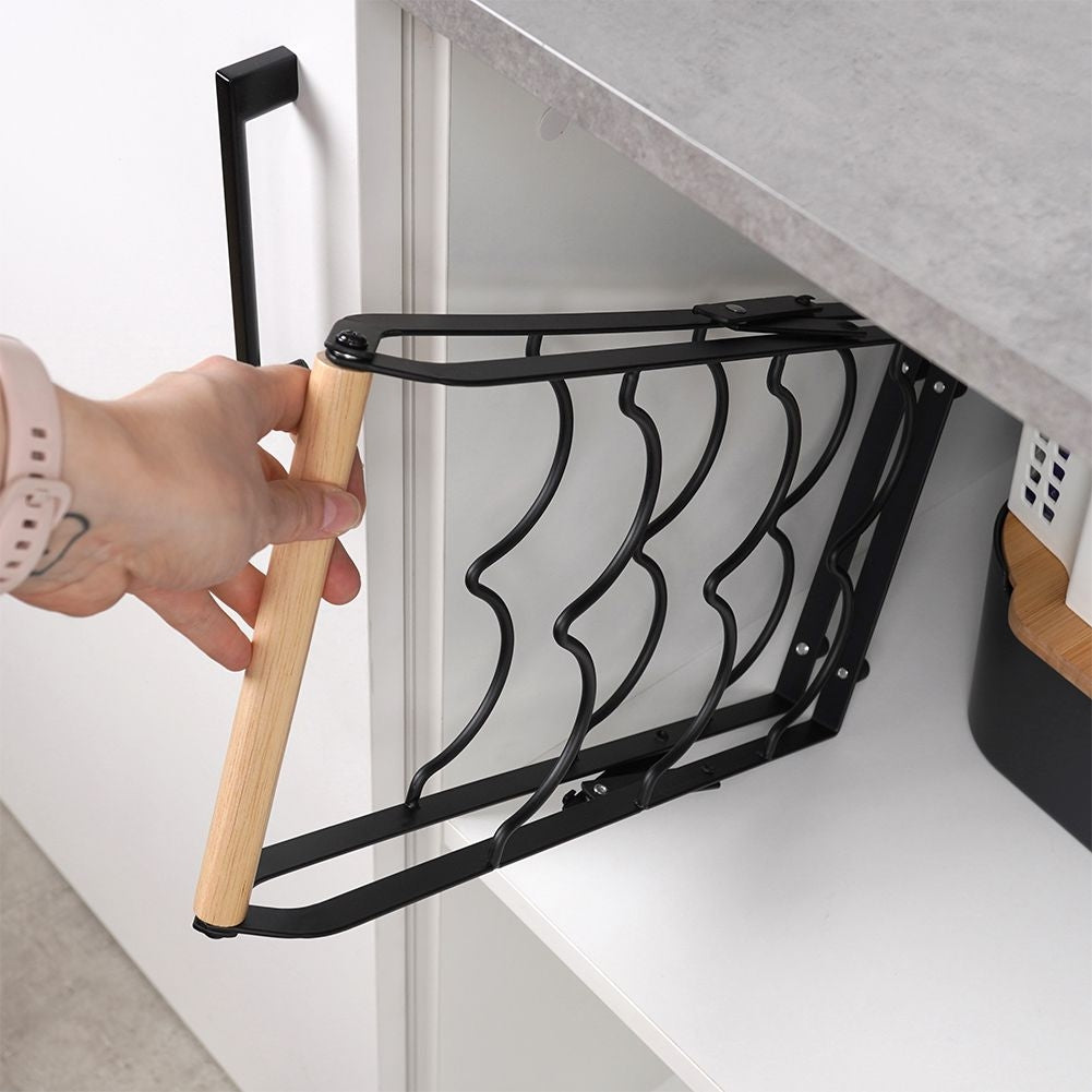 Elegant wine bottle rack in black metal and wood