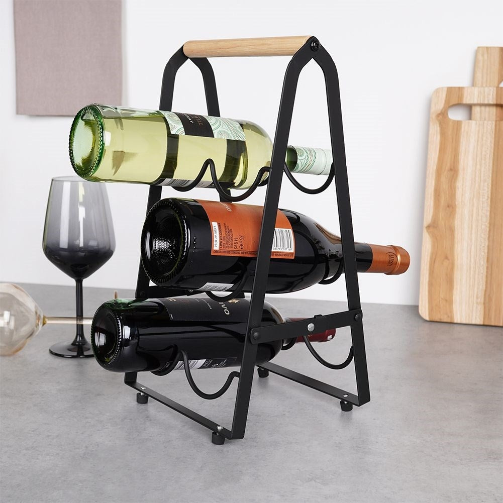 Elegant wine bottle rack in black metal and wood