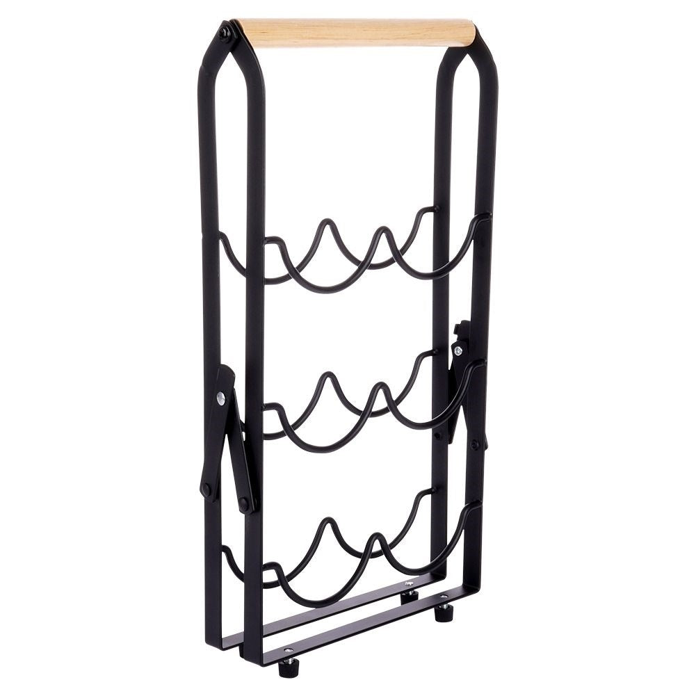 Elegant wine bottle rack in black metal and wood
