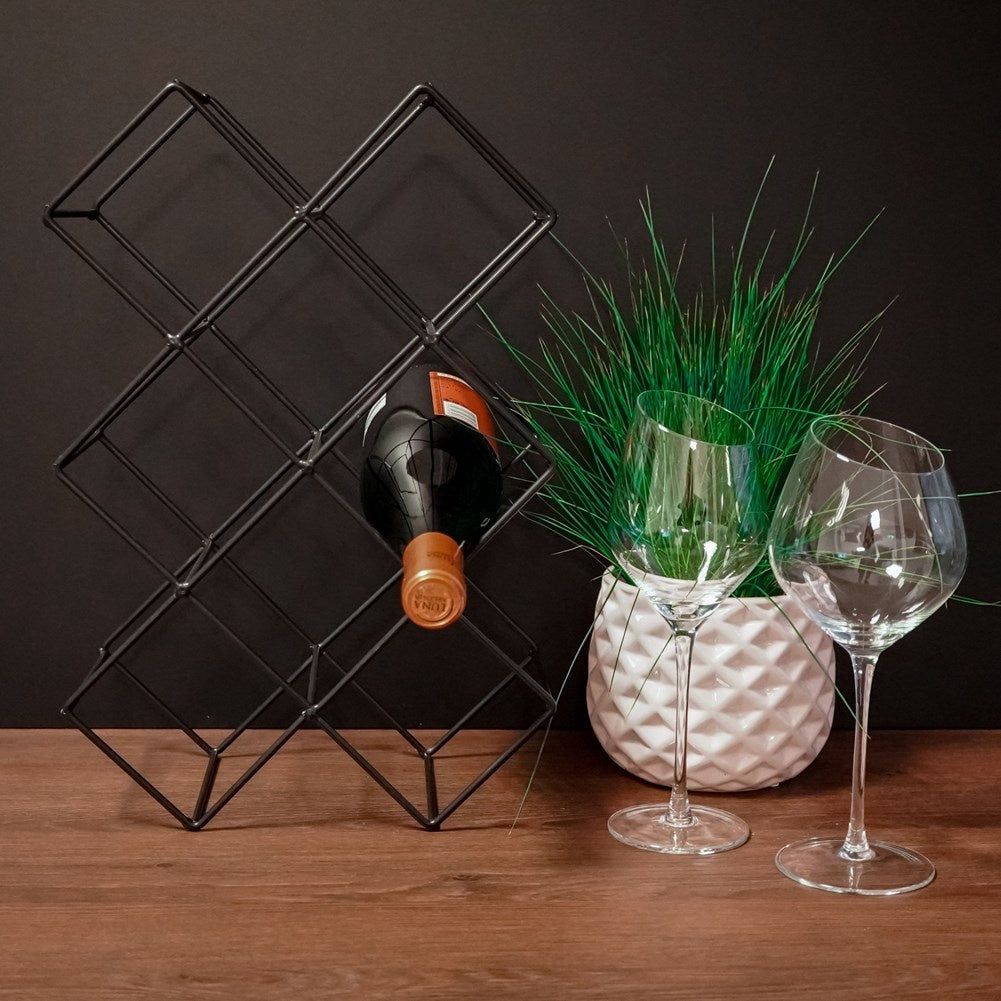 Elegant wine bottle rack in black metal for up to 8 bottles
