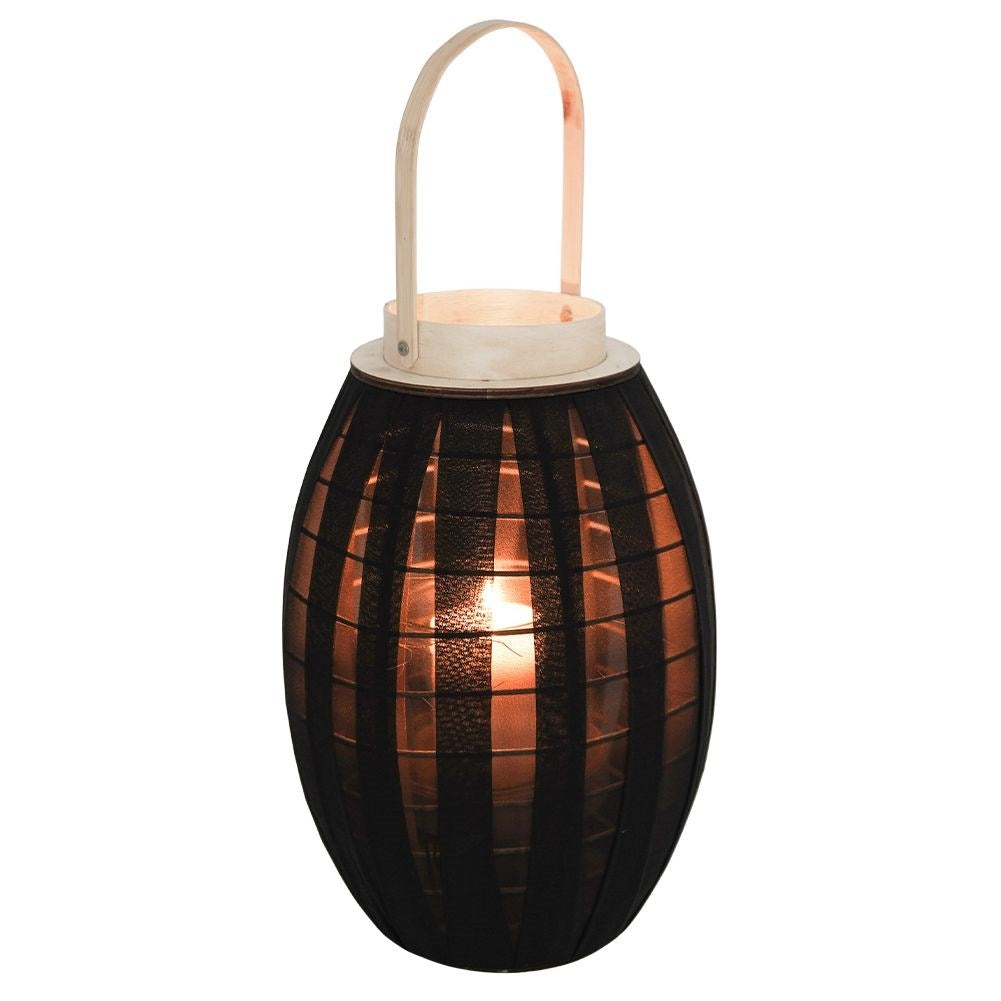 Elegant wooden lantern with black fabric and glass inlay