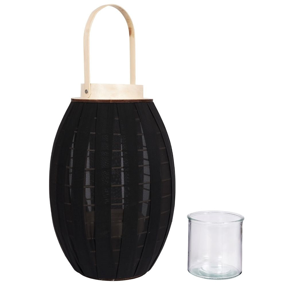 Elegant wooden lantern with black fabric and glass inlay