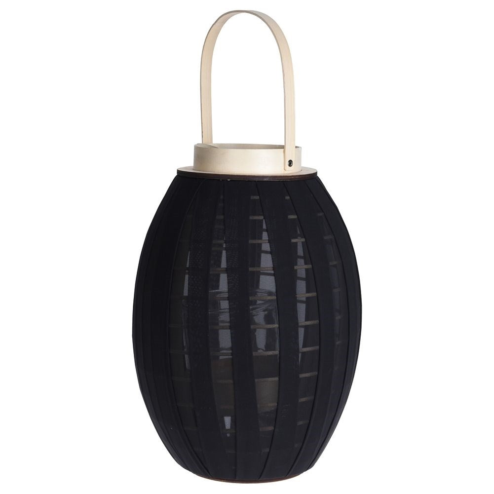Elegant wooden lantern with black fabric and glass inlay
