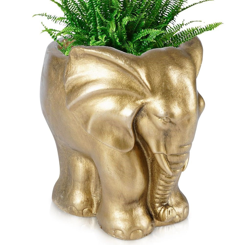 Elephant-shaped flower pot in cement, elegant gold shade