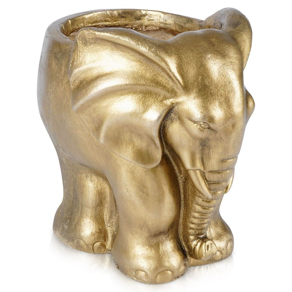 Elephant-shaped flower pot in cement, elegant gold shade