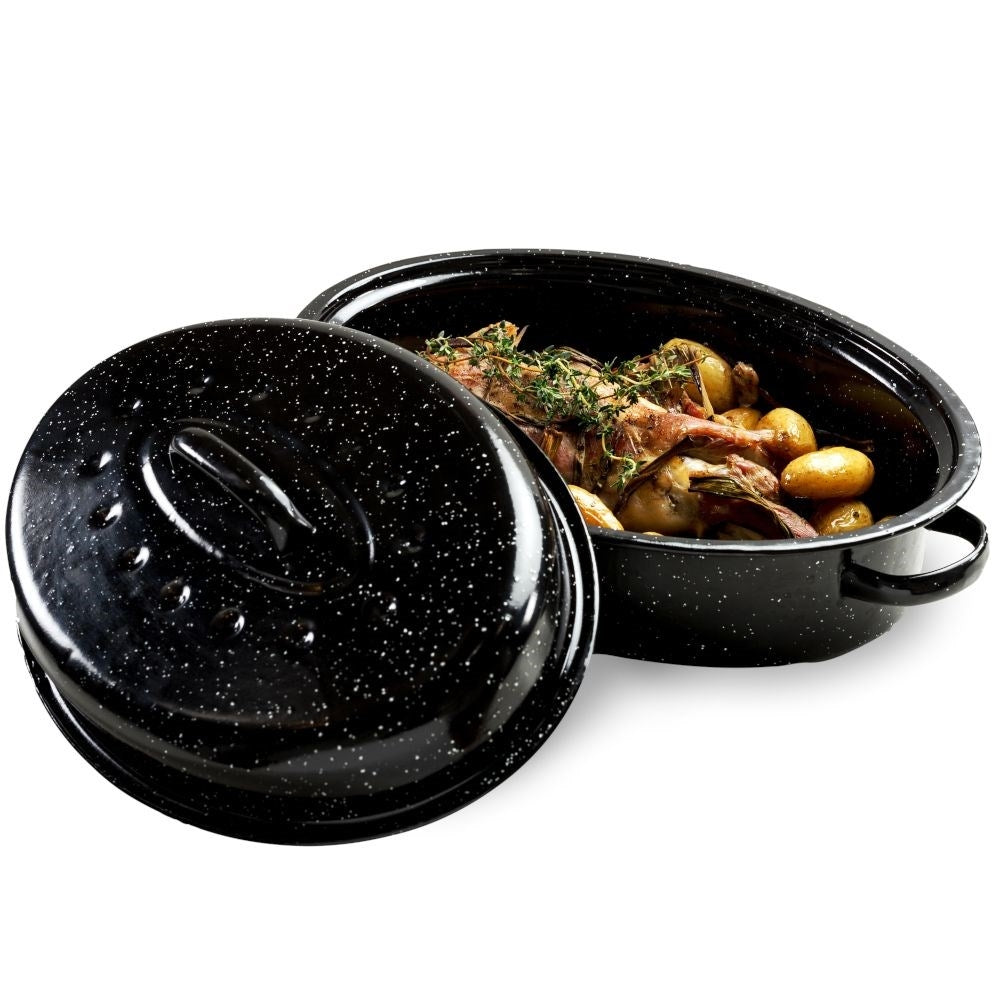 Enameled baking dish with lid for versatile cooking