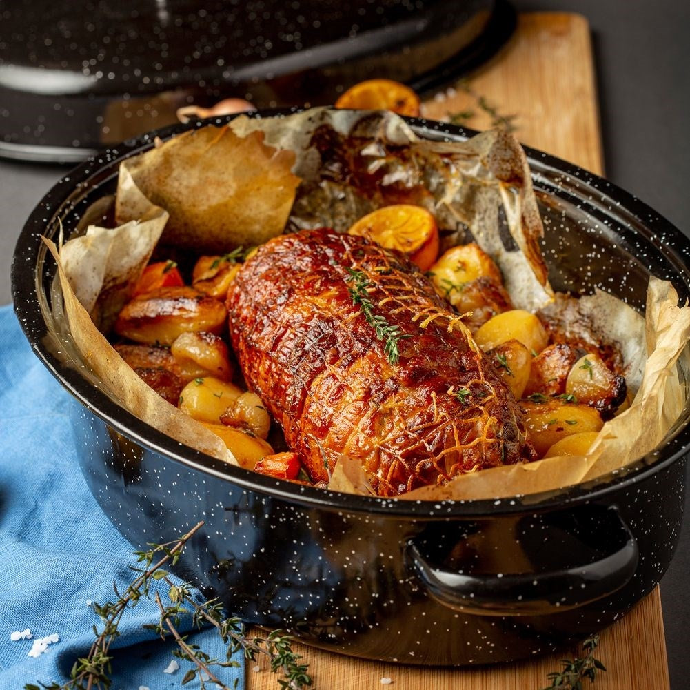 Enameled baking dish with lid for versatile cooking