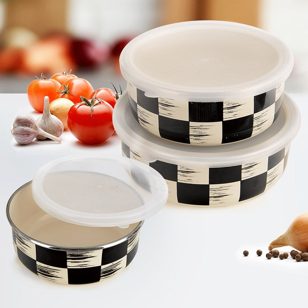Enameled bowl with lid CHECKERBOARD 17 cm, 1 l