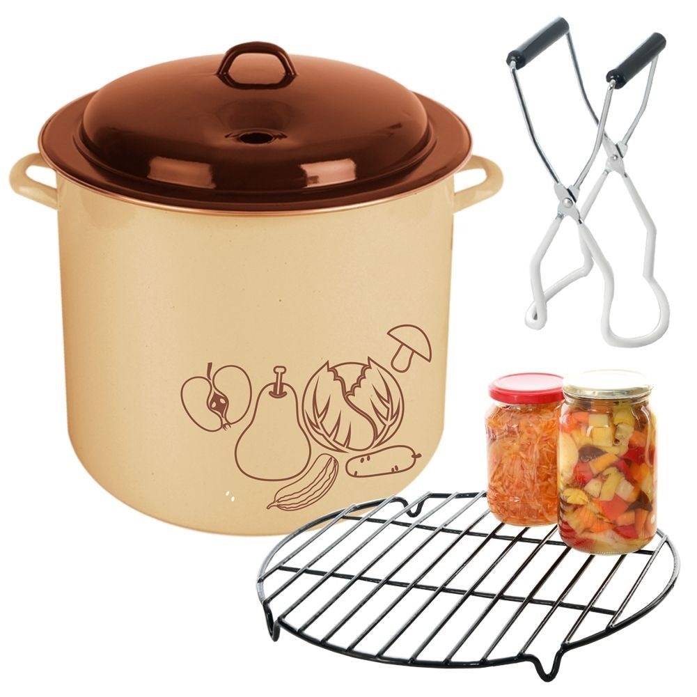 Enameled pot with lid, thermometer hole and tongs