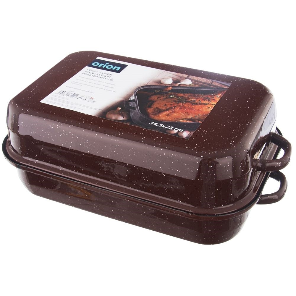 Enamelled steel pot with removable lid and handle
