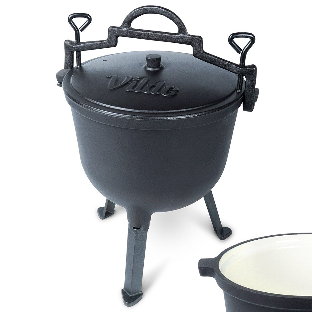 Enamel pot on legs with lid, 10L, for open fire