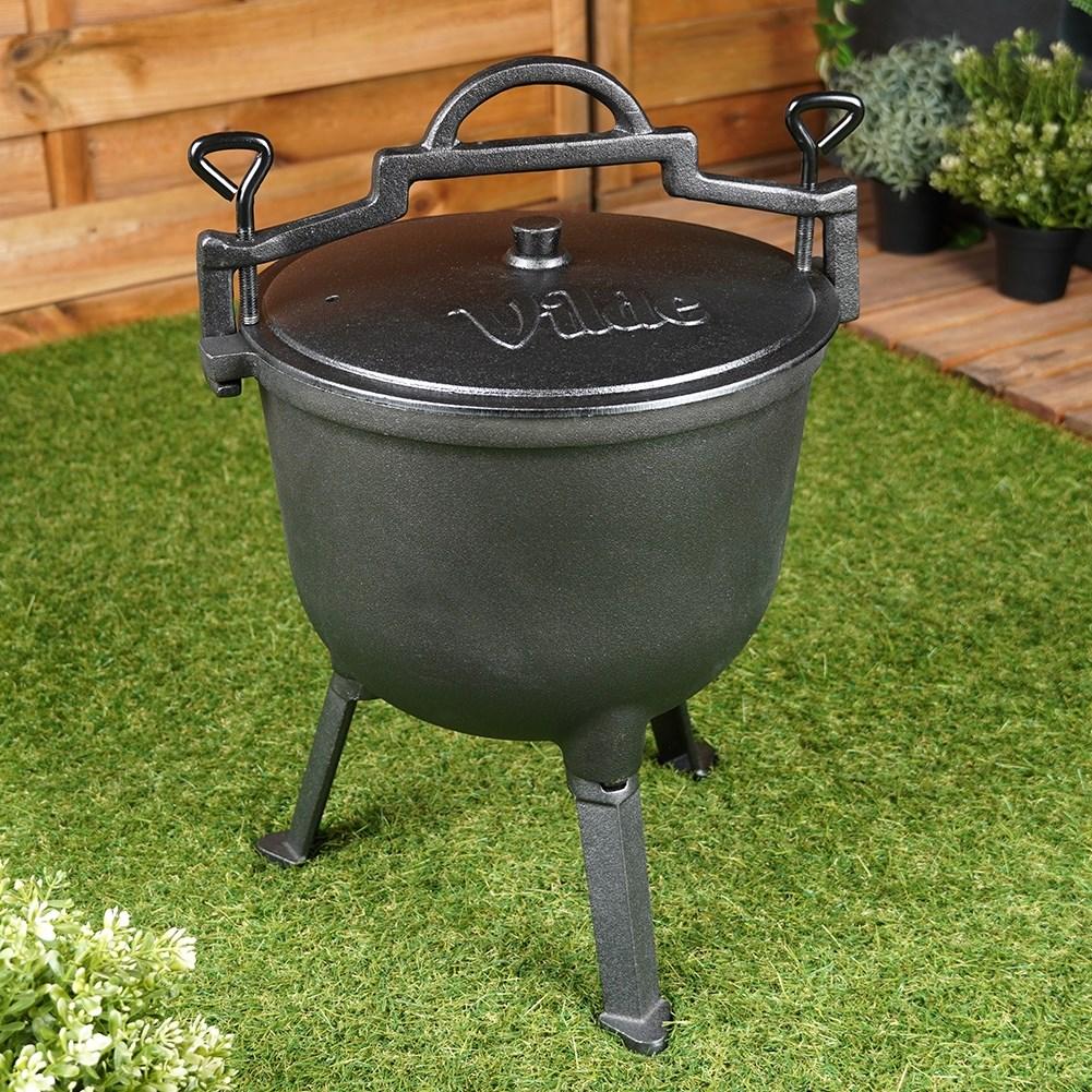 Enamel pot on legs with lid, 10L, for open fire