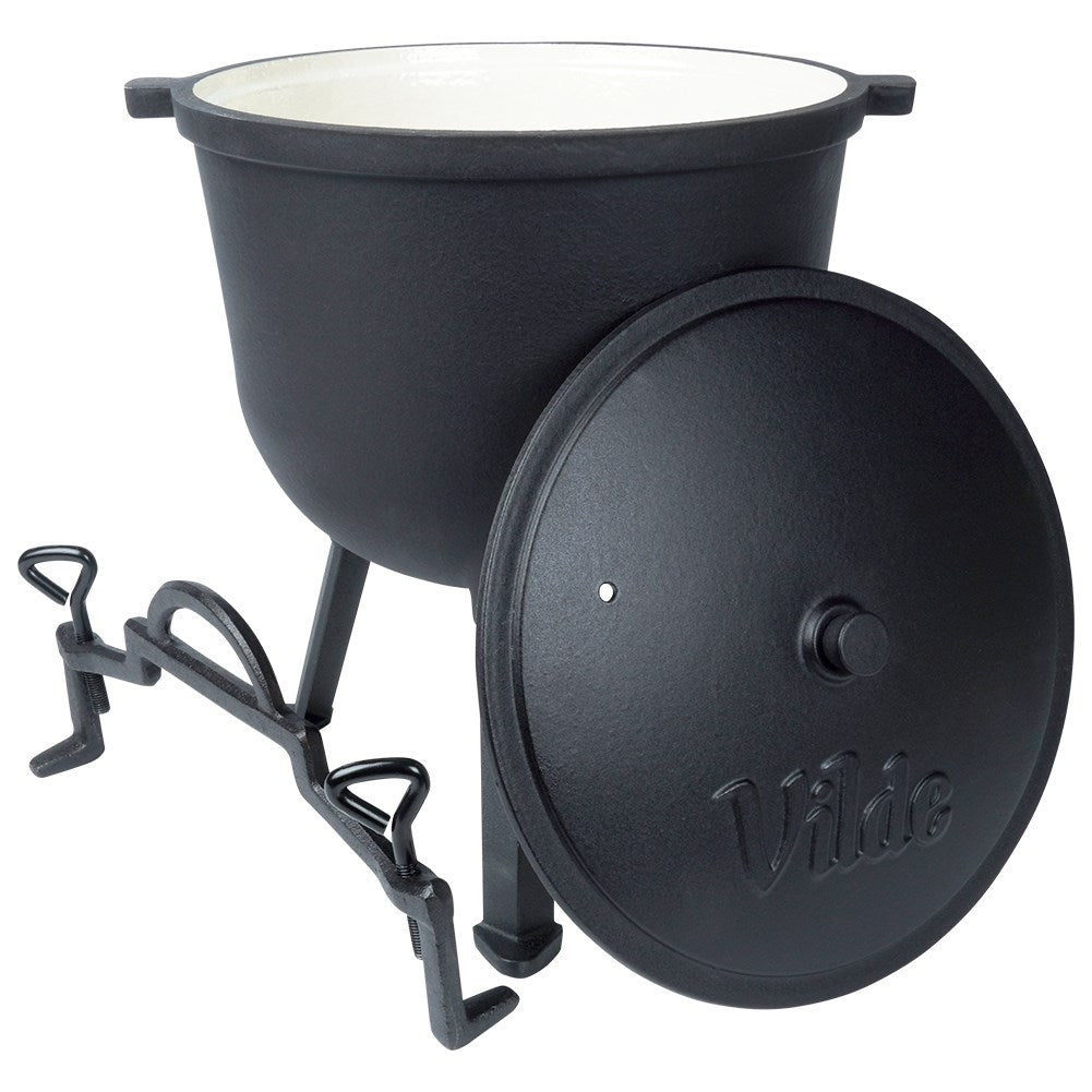 Enamel pot on legs with lid, 10L, for open fire