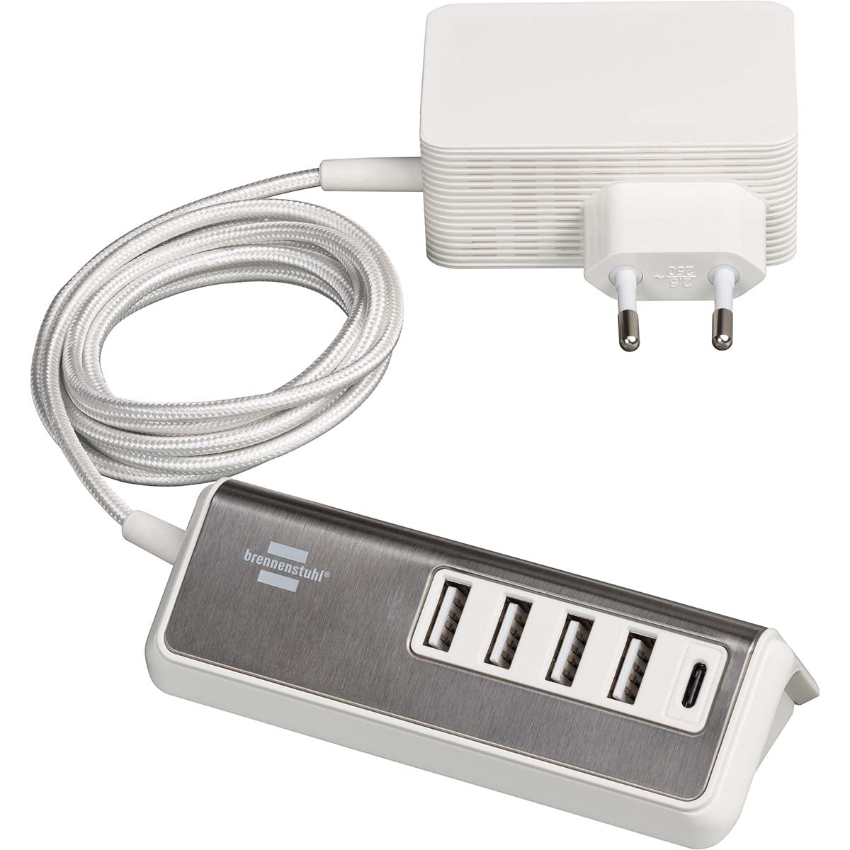 Estilo USB multi-charger with 1.50 m textile cable 4x USB A + 1x USB C TYPE F