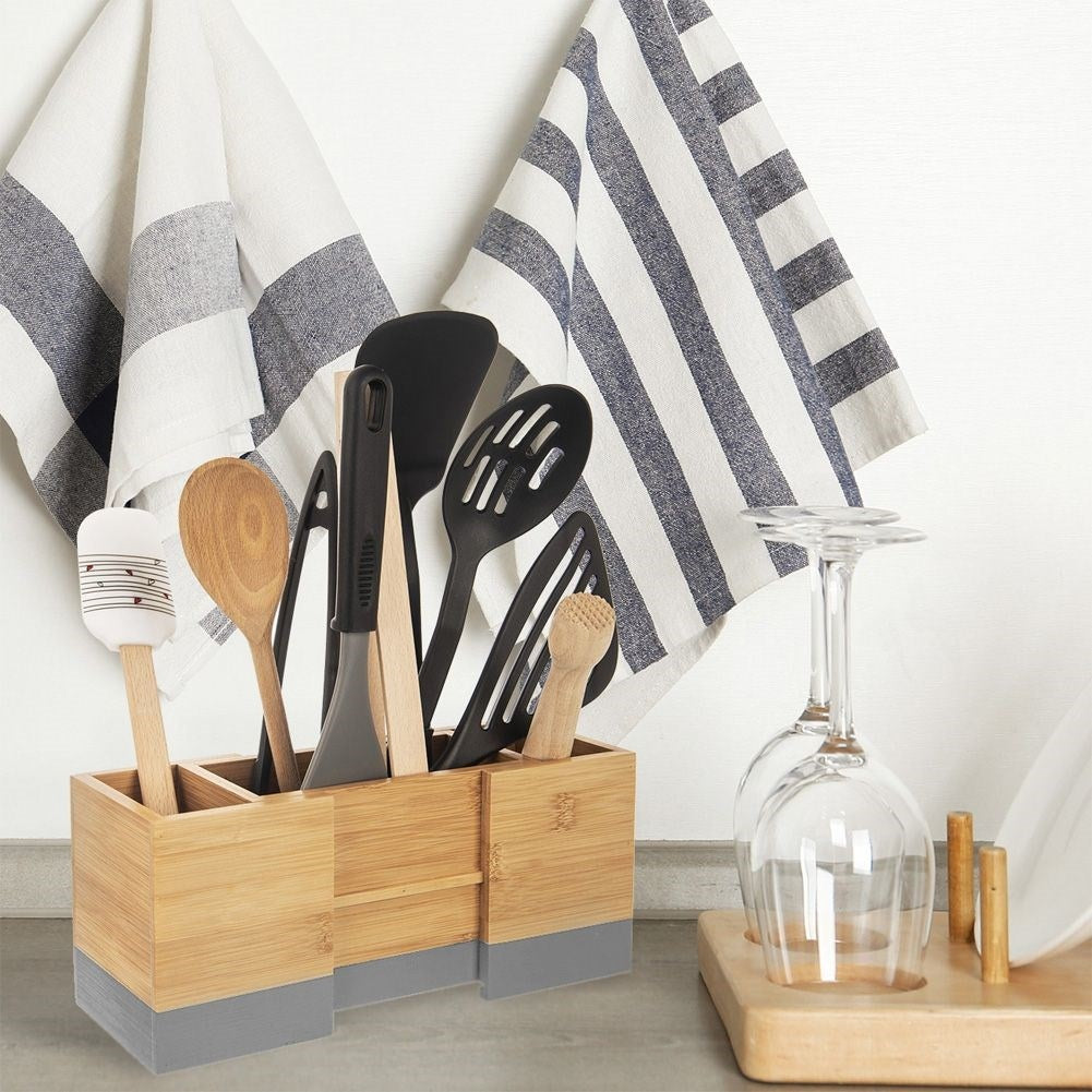 Extendable Cutlery and Kitchen Utensil Rack in Bamboo