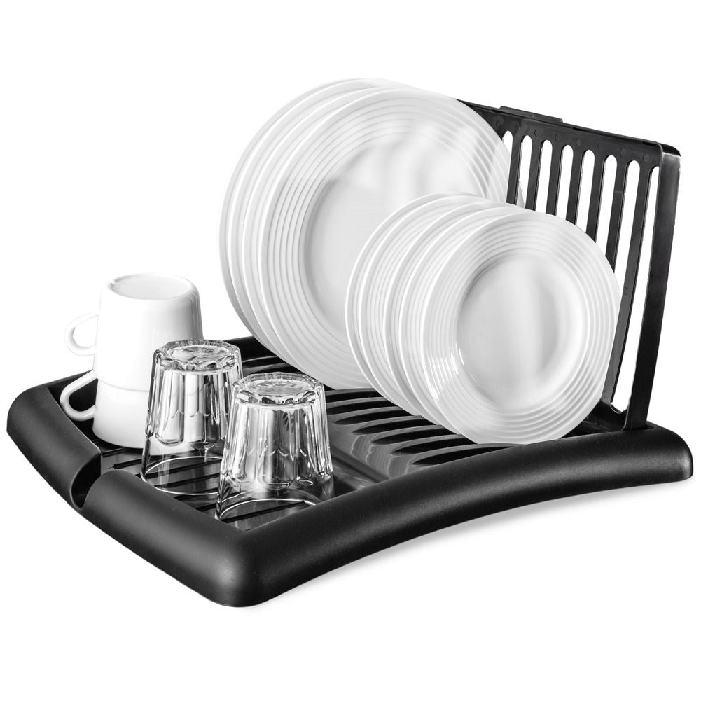 Extendable black dish rack with space for plates and glasses