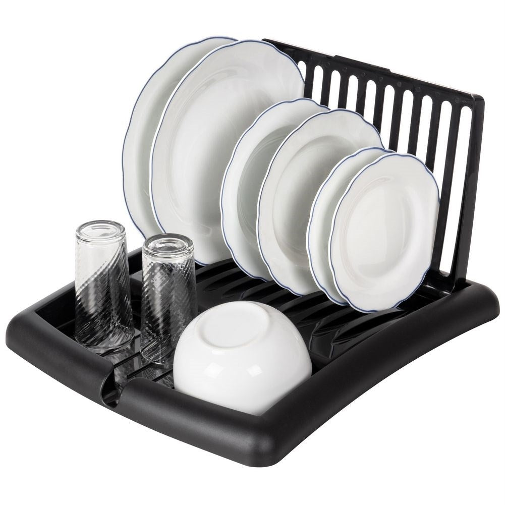 Extendable black dish rack with space for plates and glasses
