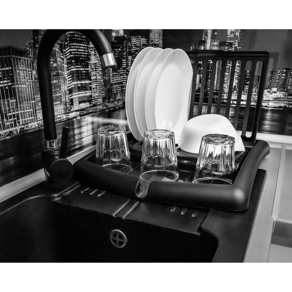 Extendable black dish rack with space for plates and glasses
